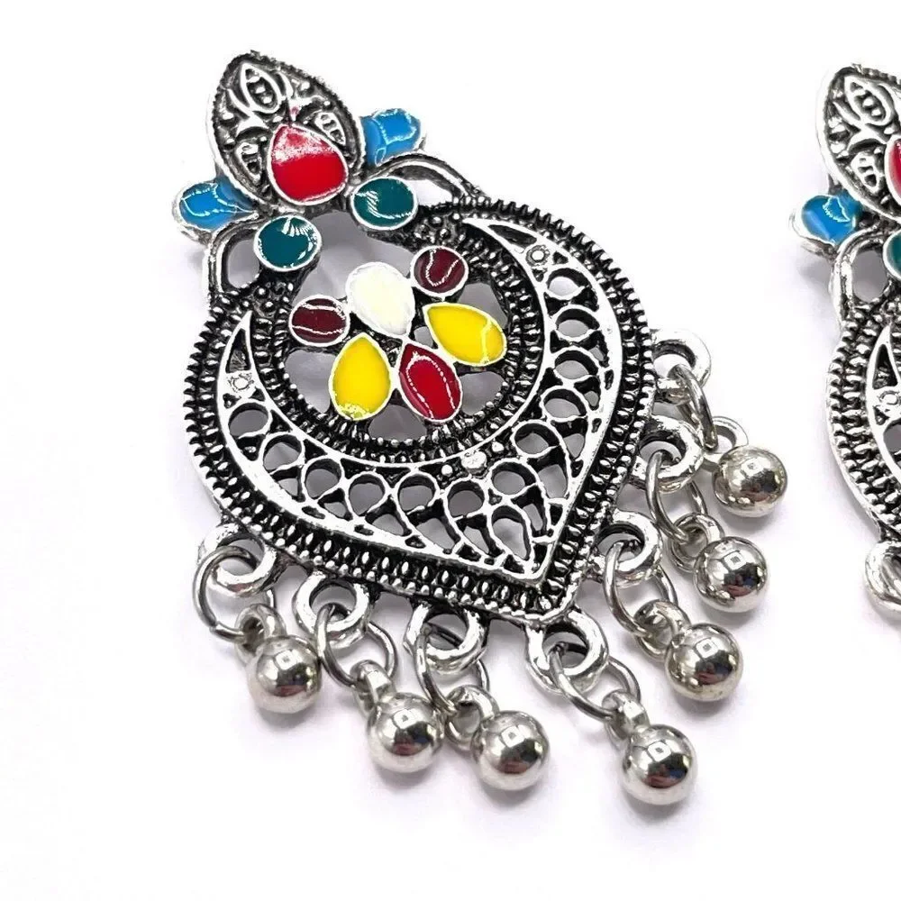 Silver with Multicolored Oil Drip Boho Dangling Drop Post Back Earrings